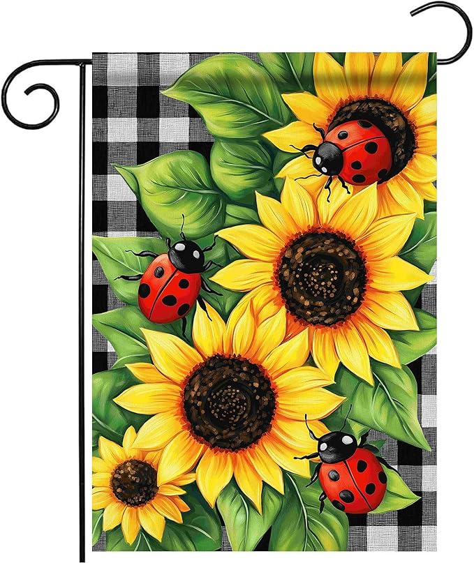 Morigins Spring Garden Flag Double Sided Ladybug Sunflower Flower Buffalo Plaid Farmhouse Yard Flag Summer Seasonal 12.5×18 inch