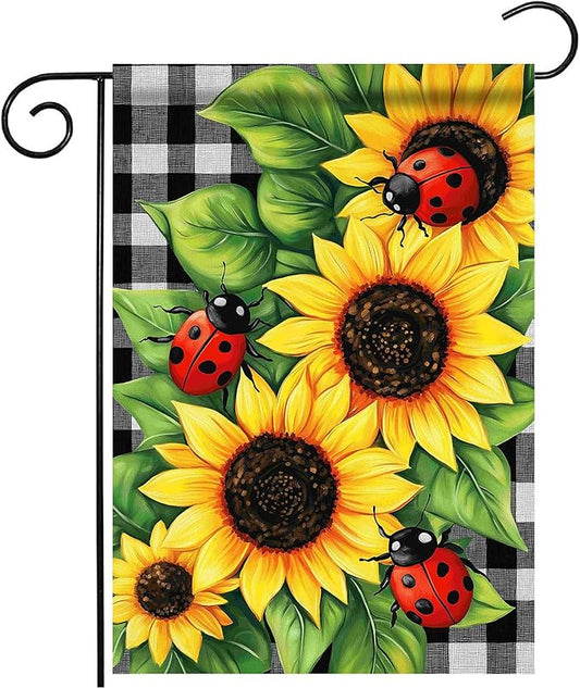 Morigins Spring Garden Flag Double Sided Ladybug Sunflower Flower Buffalo Plaid Farmhouse Yard Flag Summer Seasonal 12.5×18 inch