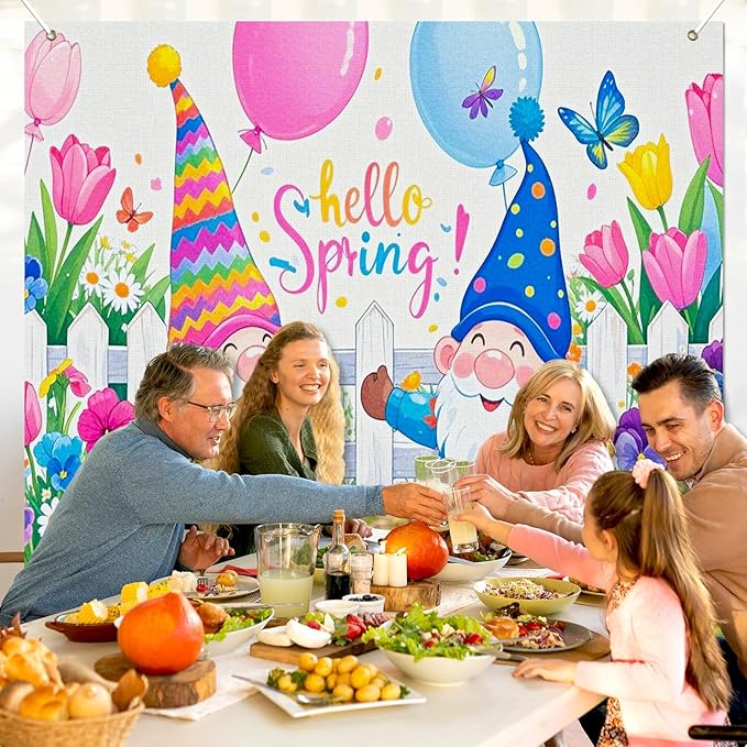 BlissYard 8x6ft Spring Gnome Garden Backdrop Hello Spring Photo Background Colorful Floral Party Banner Cute Cartoon Scene for Easter Baby Shower Birthday Classroom Event Photography Decoration