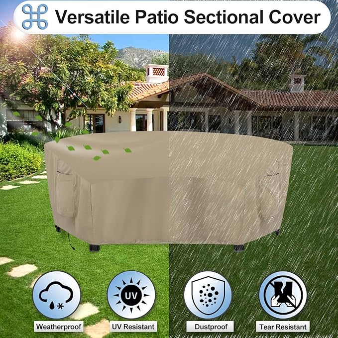 OutdoorLines Waterproof Curved Outdoor Sectional Cover - UV Resistant Windproof Patio Sectional Sofa Covers for Deck, Lawn and Backyard, Heavy Duty Furniture Covers (90Lx34Dx32Hx46FL, Camel)