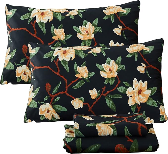FADFAY Sheets Set Full Shabby Black and Yellow Floral Bedding Elegant Peony Sheets Set Vintage Farmhouse Bedding Soft 100% Egyptian Cotton 800 Thread Count Deep Pocket Fitted Sheet, 4Pcs-Full Size