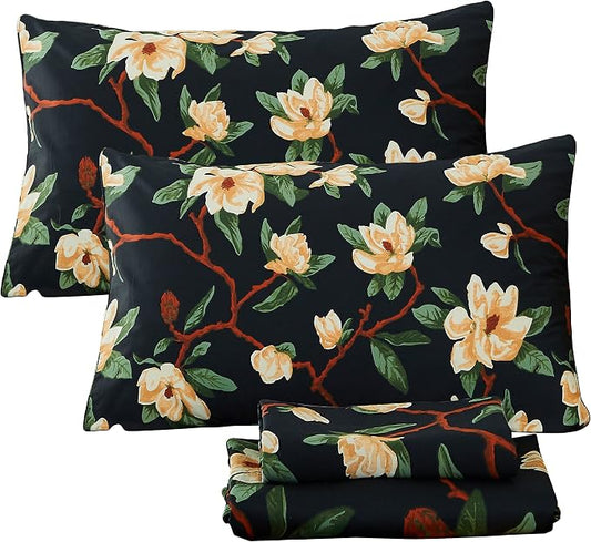FADFAY Sheets Set Full Shabby Black and Yellow Floral Bedding Elegant Peony Sheets Set Vintage Farmhouse Bedding Soft 100% Egyptian Cotton 800 Thread Count Deep Pocket Fitted Sheet, 4Pcs-Full Size