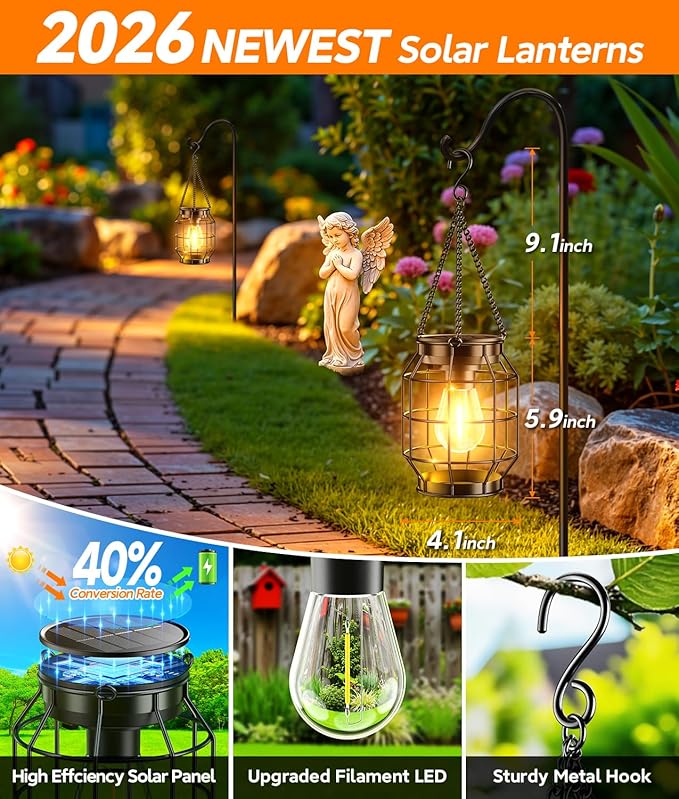 KOOPER Solar Lanterns Outdoor Waterproof, 4 Pack Upgraded Metal Hanging Solar Lights Outdoor Decorative, Brighter Outdoor Hanging Lantern for Yard Patio Pathway Porch Garden Decor, Gift for Women Mom
