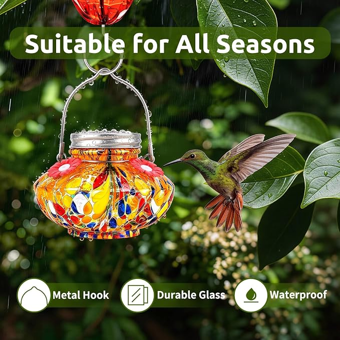 BOLITE Hummingbird Feeders for Outdoors, Hand Blown Top Fill Hummingbird Feeder, Glass Mason Jar with 4 Flower Feed Ports, Easy to Clean, Leak Proof, Bee Proof, Ant Moat, Orange, Gift for Bird Lovers
