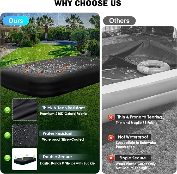 Rectangle Inflatable Pool Cover, Fits 130" L x 72" W Blow Up Pool Cover with Elastic Edge and 2 Buckle Straps, Thickened Waterproof Oxford Inflatable Pool Cover for Above Ground Pool