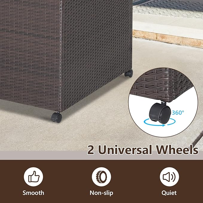 HAPPYGRILL 133 Gallon Outdoor PE Wicker Storage Box Rattan Deck Container with Waterproof Liner and 2 Universal Wheels, Garden Furniture Container Box for Cushions Garden Tools