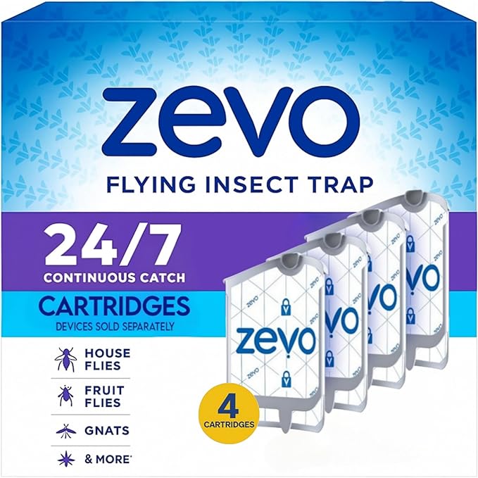 Zevo Flying Insect Trap Refill Cartridges - Plug in Fly Trap Indoor Bug Catcher Refills for Gnats, House & Fruit Flies - Mess-Free (4 Cartridges Pack)
