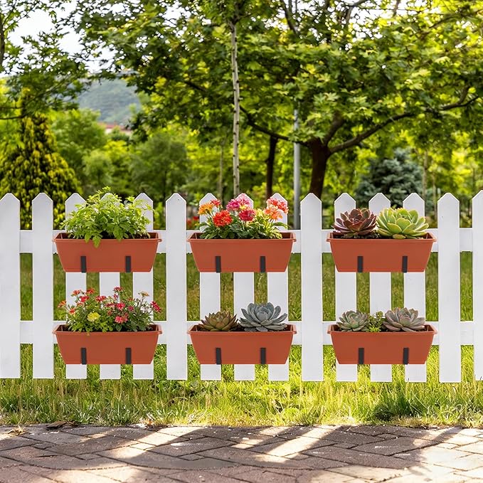 OYEAL Deck Railing Planter Box 4 Pack Window Boxes Planters with Adjustable Brackets 17 Inch Rectangular Hanging Flower Pots Outdoor for Garden Fence Balcony Porch Patio Decor, Red & Black
