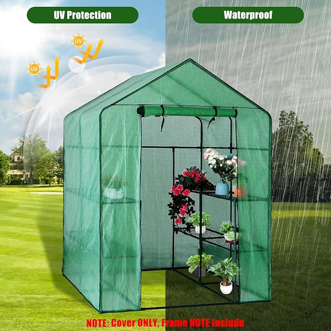Walk-in Greenhouse Replacement Cover with Roll-Up Zipper Door, 56×56×76 inch PE Greenhouse Cover Protect Outdoor Gardening Plants from Cold Frost，Waterproof and UV Resistant(Frame Not Include)