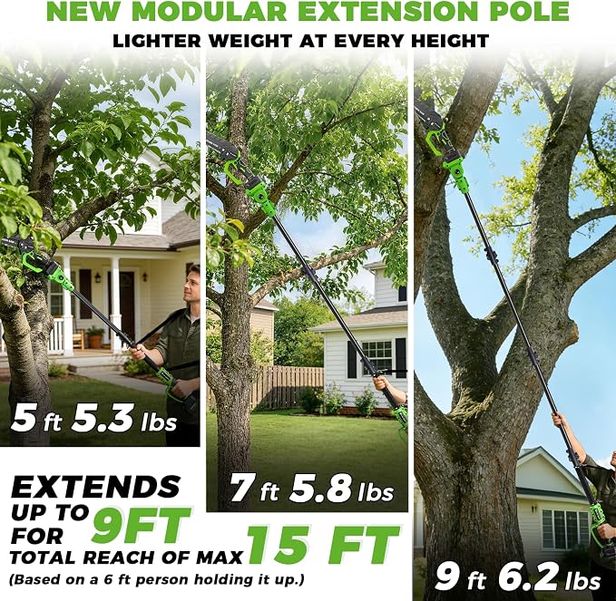 4-in-1 Electric Pole Saw & Pruning Shears, 6 Inch Pole Saws for Tree Trimming, Cordless Pruning Shears with Lightweight 15ft Extension Pole, 2 * 4.0Ah Battery Powered Pole Saw Pole Pruner for Garden