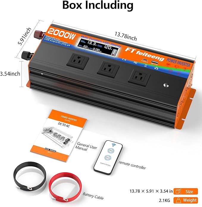 2000W Power Inverter 12v DC to 110v 120v AC with Remote 3 AC Outlets, USB Port, Dual Smart Fans, Cables Included LCD Display for Vehicle for RV Truck Camping & Home Emergency Use