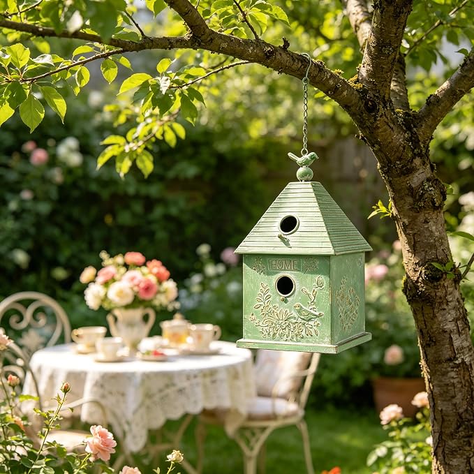 Distressed White Hanging Birdhouse with Home Emblem, Rustic Farmhouse Decorative Bird Nest Box for Outdoor Garden, Patio, Yard, Weathered Bird Shelter for Small Birds (Green)