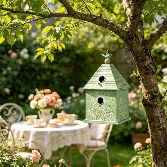 Distressed White Hanging Birdhouse with Home Emblem, Rustic Farmhouse Decorative Bird Nest Box for Outdoor Garden, Patio, Yard, Weathered Bird Shelter for Small Birds (Green)