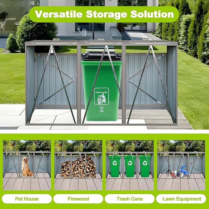 Outdoor Trash Storage Shed Waterproof Garbage Bin Shed Stainless Trash Container Storage for 3 Trash Cans Galvanized Steel Garbage Can Hider for Patio Garden Lawn, Gray