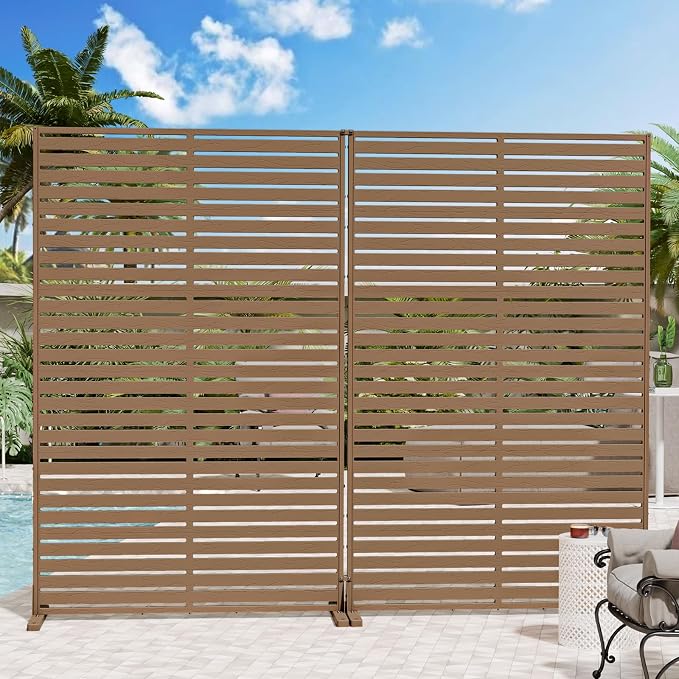 Outdoor Privacy Screen 72" Decorative Privacy Fence Set of 2, Air Conditioner Fence, Freestanding Privacy Screens with Stand, Weather-Resistant Patio Divider Panel for Balcony, Backyard,Brown