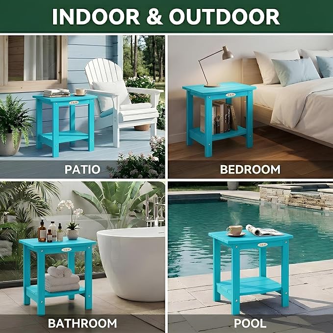Y&M Outdoor Side Table, HIPS Adirondack Small Double Layer Table, Waterproof Square Balcony Modern End Tables for Patio, Pool, Beach, Porch, Deck, Indoor or Outdoor Use, Aruba Blue