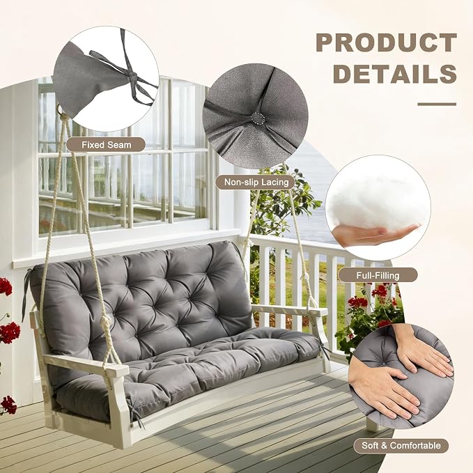 Porch Swing Cushion with Backrest,Waterproof Bench Cushion for Outdoor Furniture,2-3 Seater Replacement Thickened Swing Cushion with Ties,Patio,Outdoor,Backyard and Garden (Dark Gray,60x40)