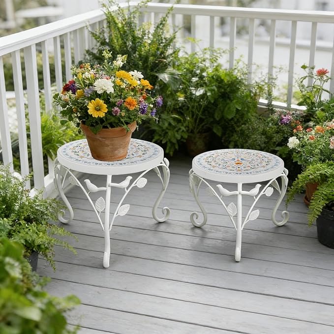 Set of 2 Plant Stand for Indoor Outdoor, Heavy Duty Cast Iron with 10" Ceramic Tile Top Plant Table, Tall Vintage Decorative Plant Rack, Mosaic Flower Pot Holder for Home Garden Porch Yard Patio