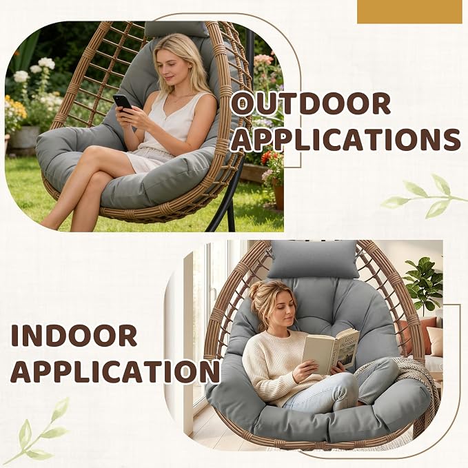Waterproof Egg Chair Cushion Replacement, 47x33x7 Inches Thicken Outdoor Hanging Chair Cushion with Headrest Pillow, Cushions for Egg Chairs, Gray