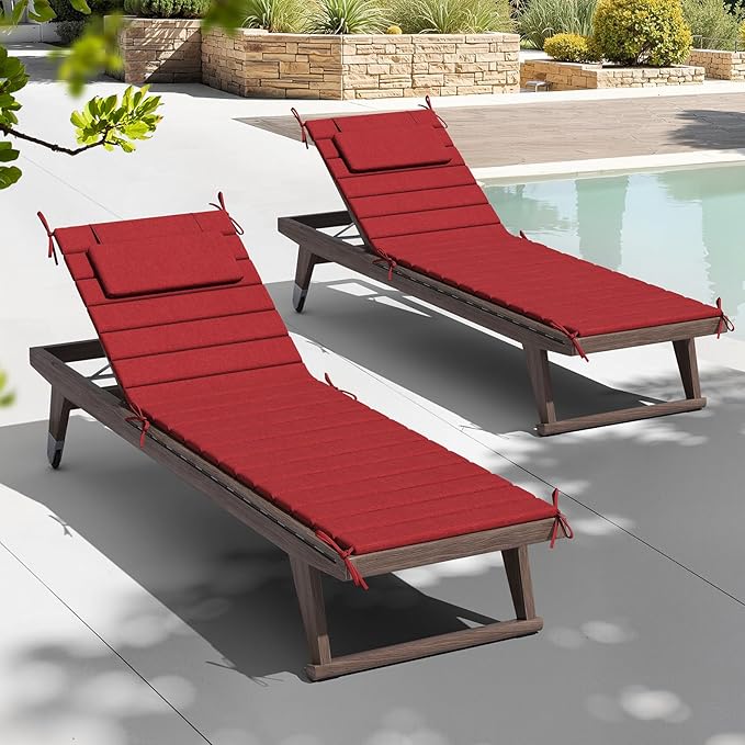 Crestlive Products Chaise Lounge Cushion Outdoor Set of 2, Foldable Waterproof Pool Lounge Chair Cushions with Straps, Lounger Cushions for Outdoor Furniture, 71''Lx21''W (Chili)