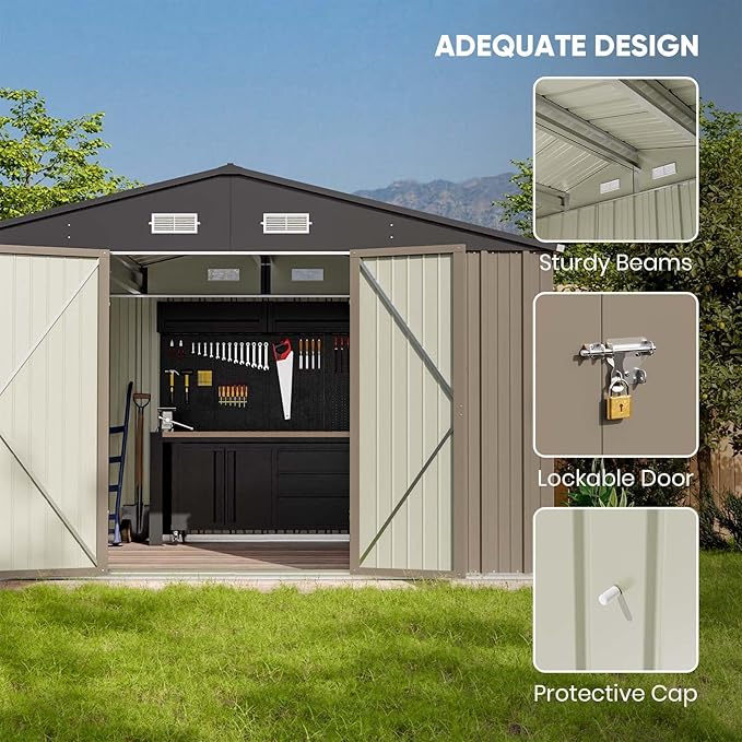 Patiowell 10 x 8 FT Outdoor Storage Shed with Floor Frame, Garden Metal Shed with Sloping Roof and Lockable Door, Large Tool Outside Sheds for Backyard Garden Patio Lawn, Brown