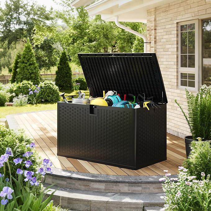 IDEALHOUSE 120 Gallon Resin Deck Box, Waterproof Outdoor Storage Box with Lockable Lid & UV Resistant, Patio Furniture Cushion Storage Container for Garden, Backyard, Poolside (Black)