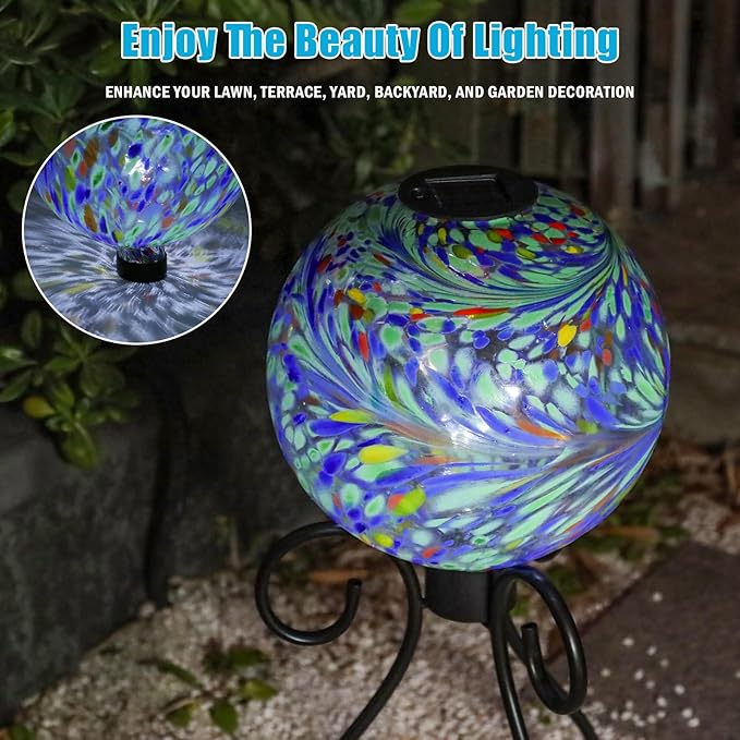 VCUTEKA Solar Gazing Ball, 10" Glass Gazing Balls Sphere with Solar Light for Garden Decor Lawn Outdoor Yard Decorative