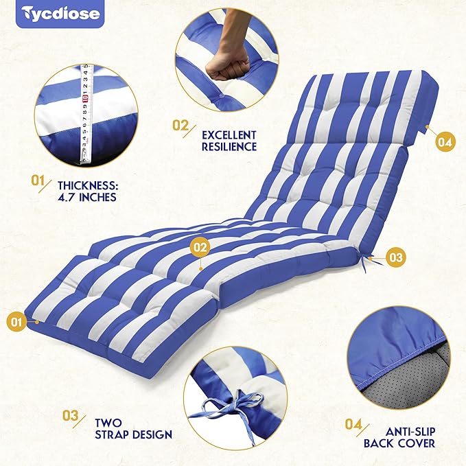 Outdoor Chaise Lounge Chair Cushion Waterproof 74.4 x 22 x 4.7 Inches Memory Foam Lounge Chair Cushions for Outdoor Furniture with Ties, Thickened Pool Lounge Chair Cushion, Stripe Blue&White