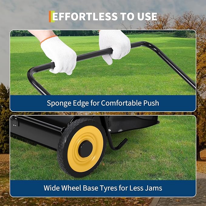 Efficient 21-Inch Push Lawn Sweeper – Heavy-Duty Steel Frame, 4 Enhanced Spinning Brushes, Large 3.5 cu.ft Pusher, Strong Rubber Wheels, Manual Leaf & Grass Collector – Black with Yellow Hubs