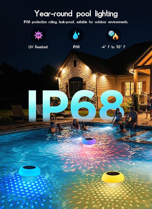 Brightown Floating Pool Lights Solar Powered 2 Pack, RGBWW Solar Pool Lights Chlorine Tablet Floater with 20+ Light Effects, Remote Control, IP68 Waterproof Pools Light for Pools, Hot Tubs, Party