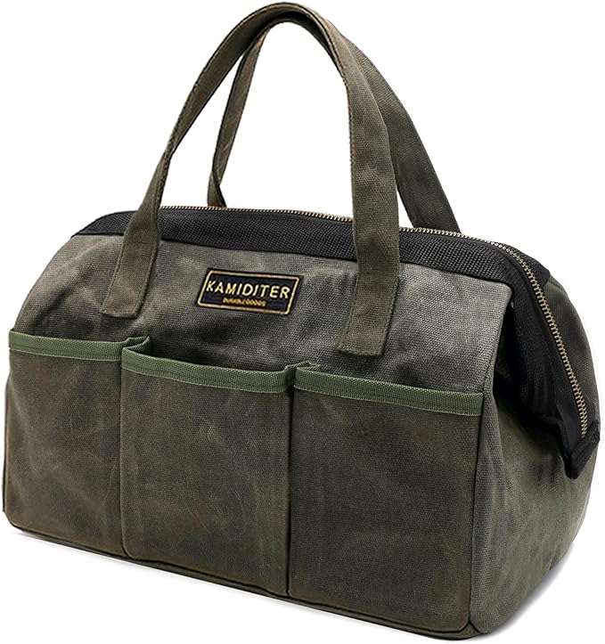 13-inch Tool Bag, Heavy Duty Wide Mouth Water-Resistant Tool Bag, Tool Tote with Handle for Tools, Wrenches, Screwdrivers (13 X 7 X 9 inch) | ArmyGreen