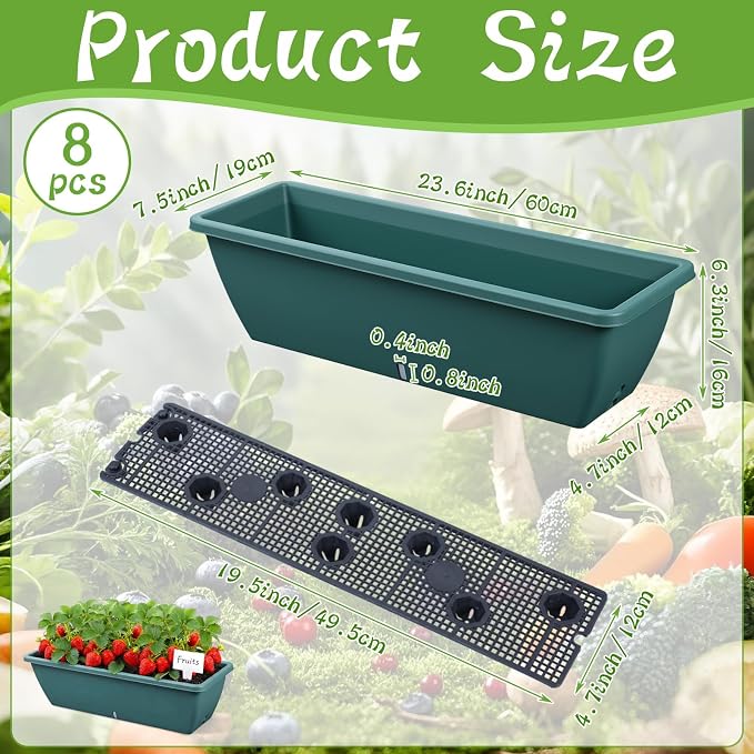 8 Pcs 24 Inch Plastic Flower Window Box Planter with Water Absorbing Net Drainage Holes & Visible Water Level Window, Rectangular Vegetable Flower Pots for Indoor Outdoor (Green)