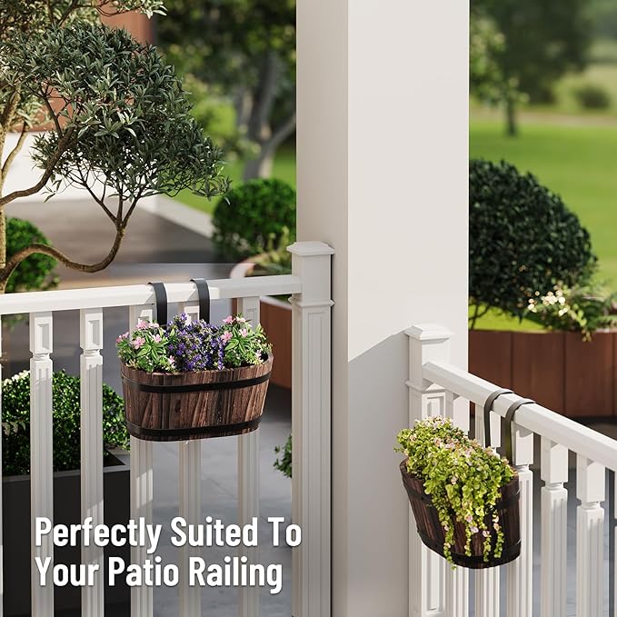 Hanging Wooden Flower Pots, Railing Planter for Any Balcony, Porch or Deck Countryside Style with Detachable Hooks for Garden Yard Home Decor (Carbonized)