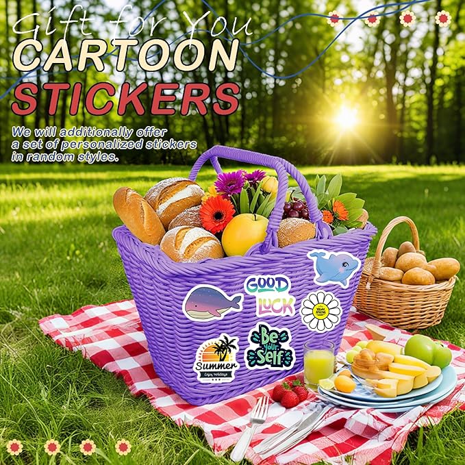 Wicker Picnic Basket for Kids, Small Woven Rattan Basket with Handles Purple Garden Harvest Hamper Basket Empty for Storage Toy Flower Wedding