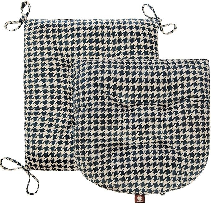 Outdoor Patio Cushion, Rocking Chair Cushion, Tufted Pads, Set of Upper and Lower with Ties Pack of 2 (2 Sets) - Back 20"×17", Seat 17"×17" (Blue Houndstooth)