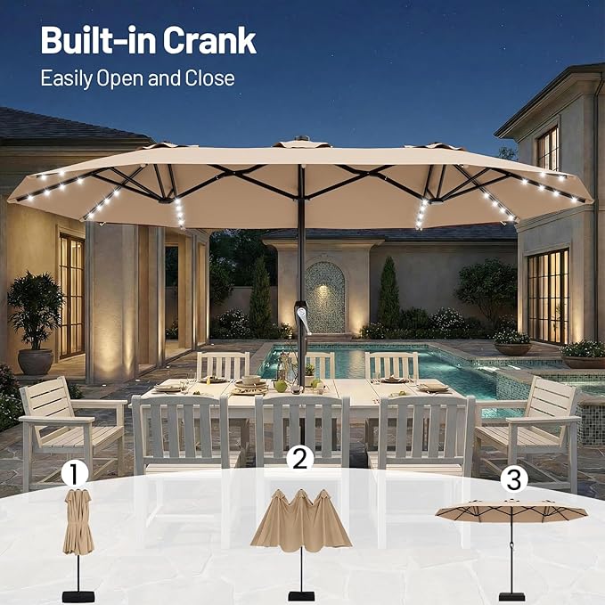 AreShark 15FT Patio Umbrella with Solar Lights, Double Sided Outdoor Table Umbrellas with Crank, Large Rectangular Market Umbrella for Porch, Lawn, Pool, Backyard, Beige