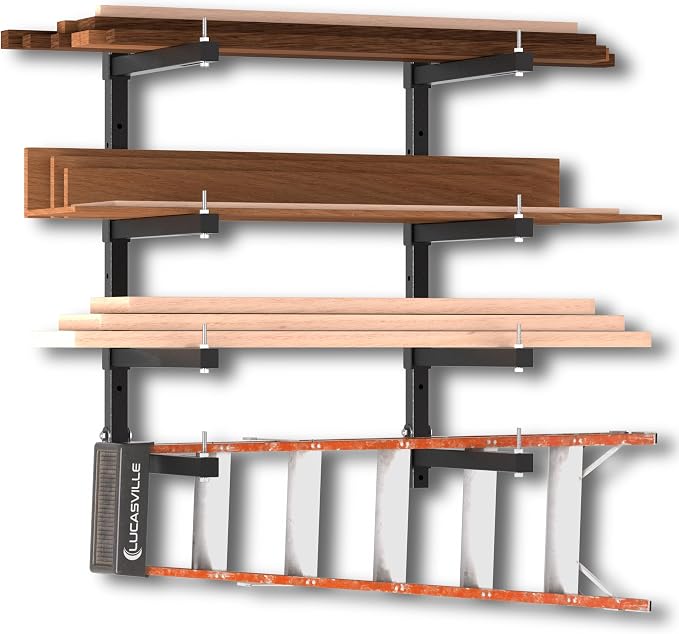 Lumber Storage Rack Wall Mount, Folding Wood Storage Racks Heavy Duty for Garage Metal Lumber Rack Indoor and Outdoor with 4-Level, 4 Pack, Black