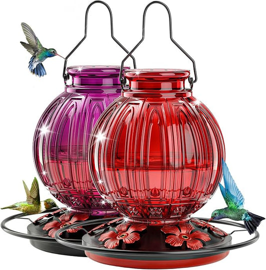 2 Pack Glass Hummingbird Feeder for Outdoors Hanging, Bird Nectar Feeder with Perch & 5 Flower Feeding Ports, 26 Oz Leak Proof for Outside Garden Decor Backyard, Gifts for Women Mom, Red + Purple Red