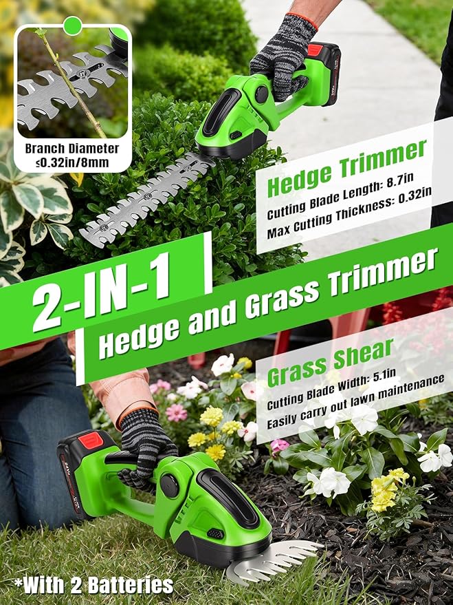 Electric Hedge Trimmer Cordless，2-in-1 2000RPM Handheld Hedge Shears Grass Cutter with 2 Rechargeable Battery and Charger, Shrub Bush Trimmer Grass Shears Gardening Tools for Yard, Lawn (Green)