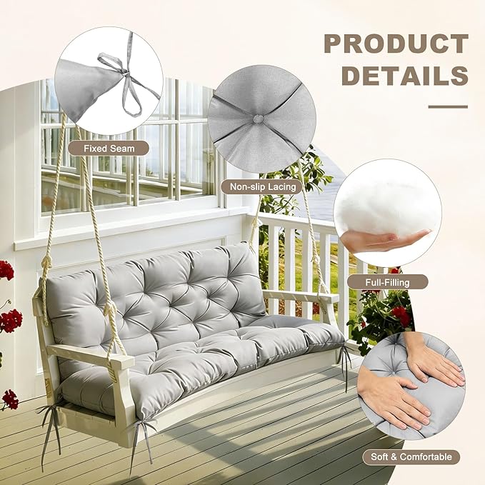 Porch Swing Cushion with Backrest,Waterproof Bench Cushion for Outdoor Furniture,2-3 Seater Replacement Thickened Swing Cushion with Ties,Patio,Outdoor,Backyard and Garden (Light Gray,60x40)