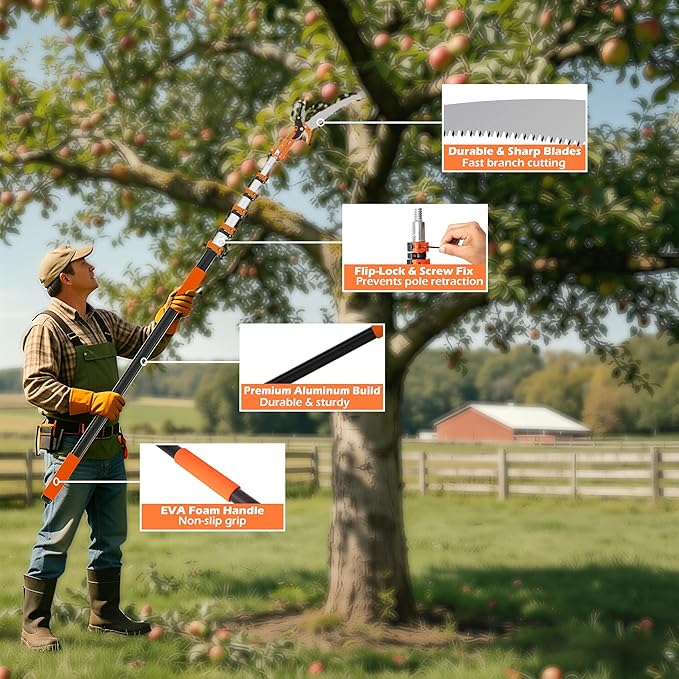 5-20 FT Extendable Manual Pole Saw, Tree Trimming Pruner with Flip & Screw Dual Lock, Adjustable Long Handle High Reach Cutter for Yard & Garden