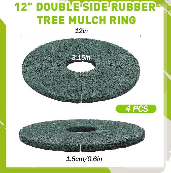 Peryiter 4 Pcs Double Side Rubber Mulch Tree Ring, Heavy Duty Rubber Mulch Mat, Tree Root Protector Mat Reversible Round Root Ring Weed Barrier for Prevent Animal Dig (Green)