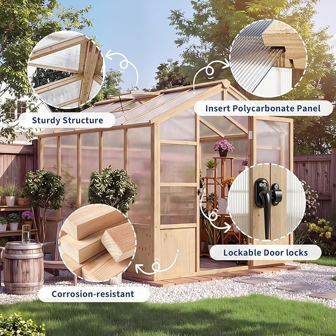 GarveeLife 6'x10' Wooden Greenhouse for Outdoor, Large Walk-in Greenhouse Kit with Ventilated Window, Door & Polycarbonate Panels, Heavy Duty Wood Frame Green House for Patio Garden Backyard