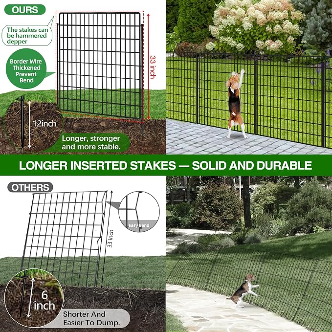 10 Panels Garden Fencing Animal Barrier, 33 in(H) X 24 ft(L) Dog Fence Outdoor for Yard Rustproof No Dig Decorative Tall Garden Fence Metal Wire Panel Border Patio Rabbit Temporary Ground Stakes