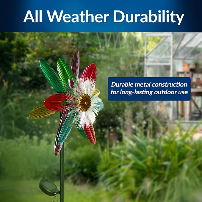 Alpine Corporation IHD144SLR Solar Flower Spinner Garden Stake with Fiber Optic LED Center, Metal Wind Spinner Yard Decor, Outdoor Solar Powered Lawn & Patio Decoration