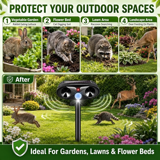 Upgraded Solar Ultrasonic Animal Repellent Outdoor for Squirrel,Dog,Raccoon,Skunk,Rabbit,4 Pack Cat Deterrent Sonic Deer Repellent Devices USB Charge Animal Repeller for Yard Garden,Black