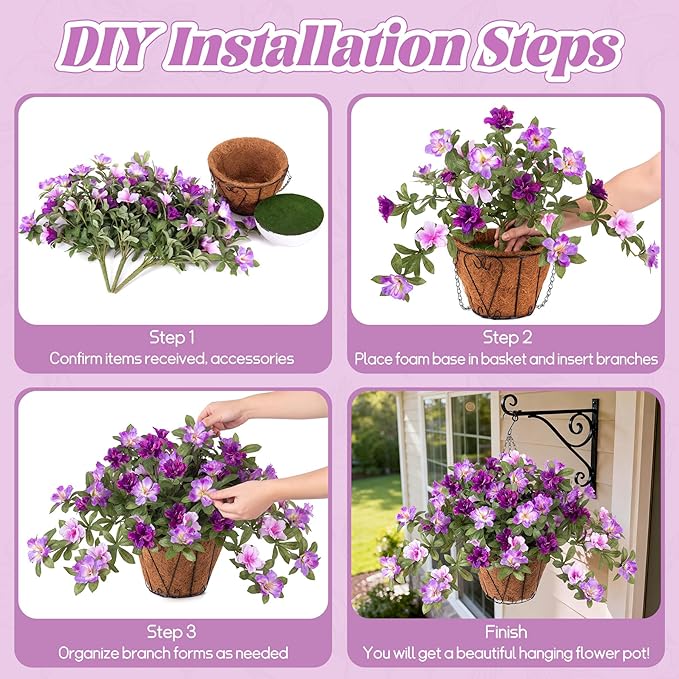 Ammyoo Artificial Hanging Flowers for Outdoors Hanging Baskets, 3 Pcs Fake Silk Flower with Hanging Baskets Planter for Spring Summer Garden Porch Patio Yard Outside Decor