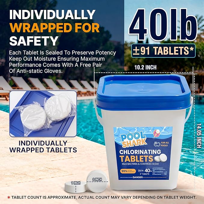 Pool Shark Swimming Pool Chlorine Tablets | 40 lbs | 3-Inch Chlorine Tablets | Slow-Dissolving 90% Active Chlorine Tabs | Pool Chemicals for Inground Pools, Above Ground Pools, Saltwater, Spa, Hot Tub