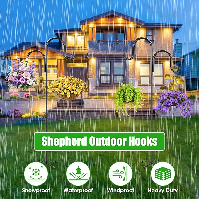 63 Inch Double Shepherds Hooks for Outdoor, Heavy Duty Bird Feeder Pole with 5 Prong Base for Hanging Lantern, Hummingbird Feeder, Lightweight Plant, Shepherd Hook for Bird Feeder for Outside, 2 Packs