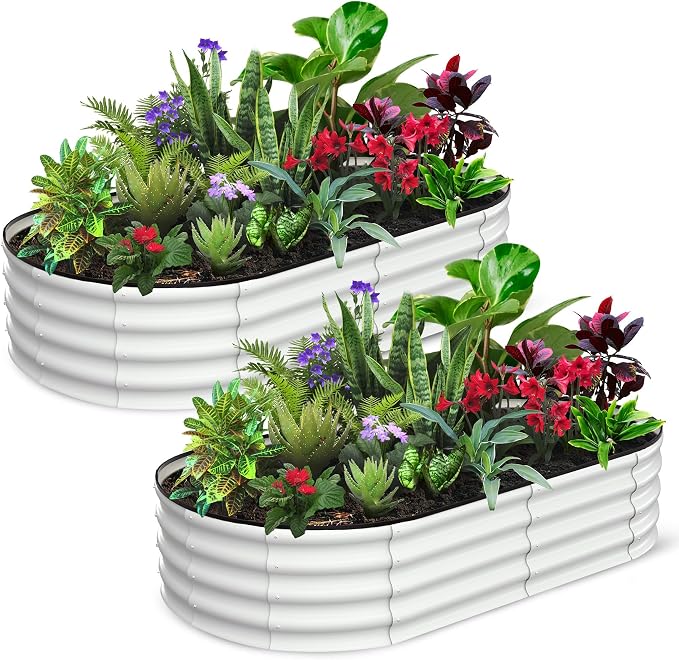 GarveeLife 2 Pcs 6x3x1 ft Oval Raised Garden Bed, Galvanized Raised Beds,Open-Ended Base Metal Raised Planter Beds,Garden Bed Outdoor,Planter Raised Boxes for Vegetables, Flowers,Tool-Free Asse,White
